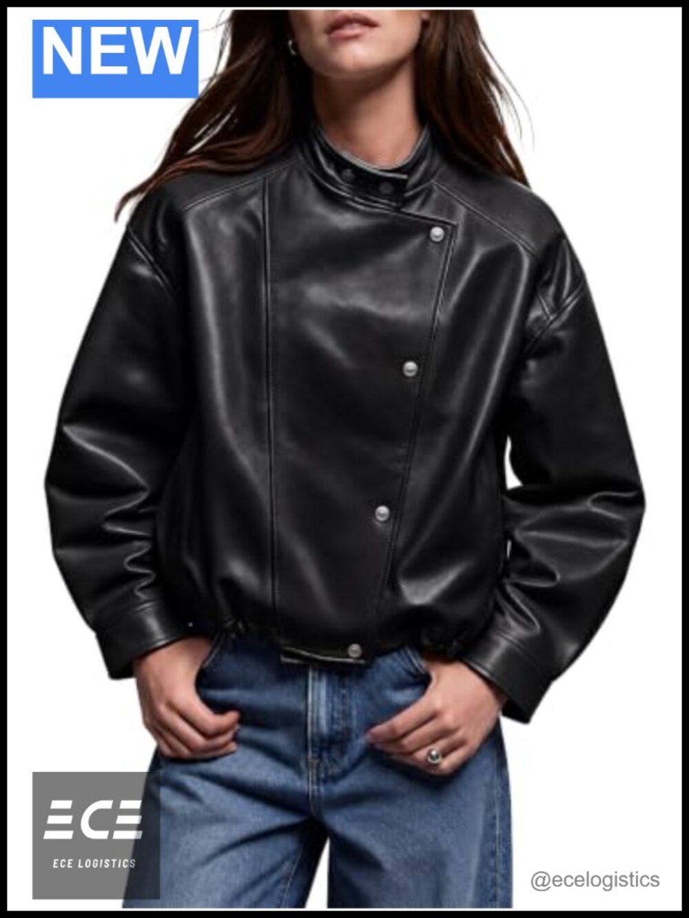 Faux Leather Oversized Cropped Moto Jacket Snap Button Moto